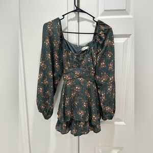 Altar'd State Dark Teal Floral Long Sleeve Romper